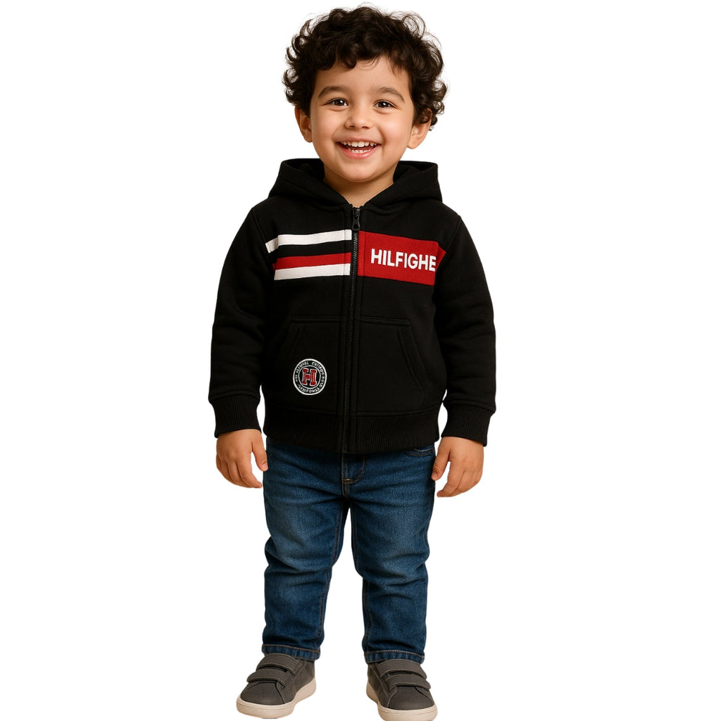 LittleLux Hilfigher Unisex Black & Red Winter Hoodie – Soft Fleece, Zip-Up, Warm & Stylish