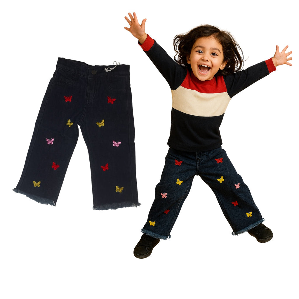 LittleLux Girls Black Butterfly Embroidered Jeans – Soft Stretch Denim, Wide-Leg, Cute & Stylish