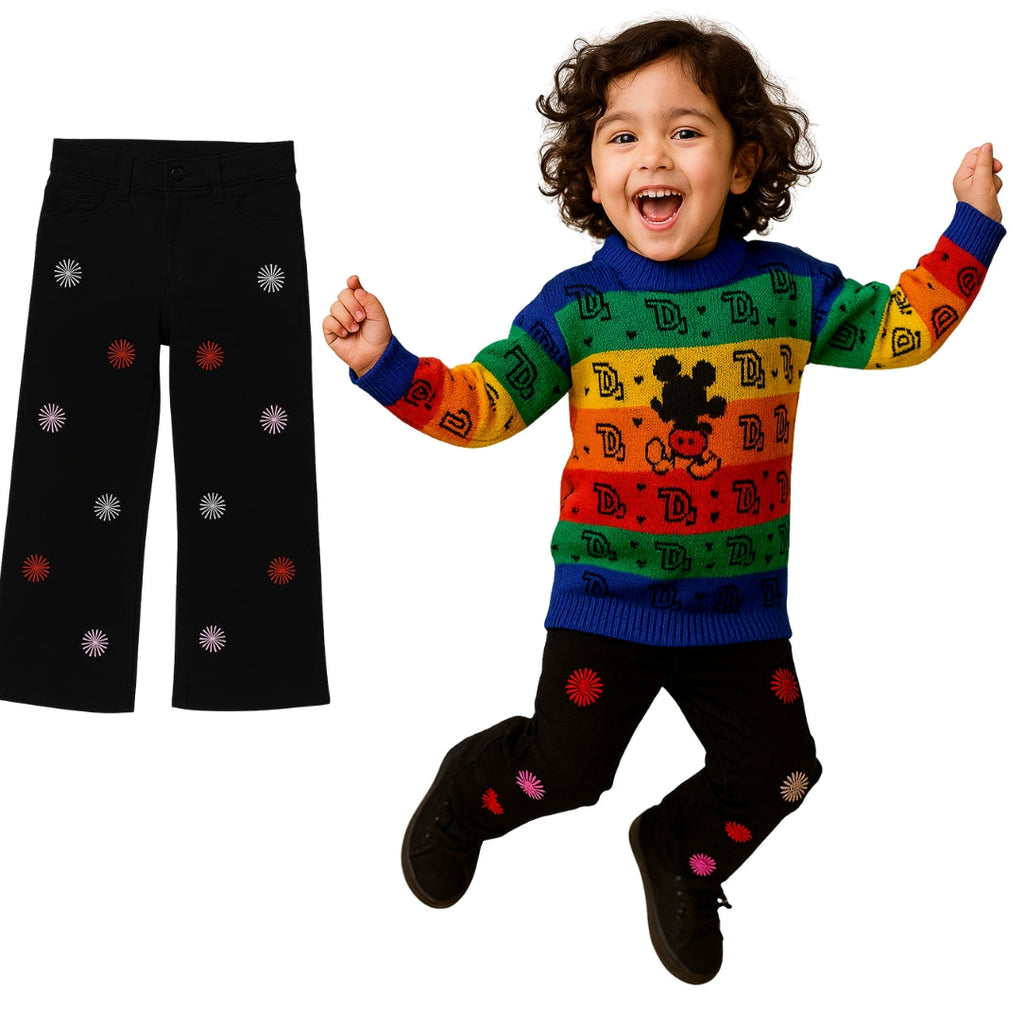 LittleLux Girls Black Embroidered Wide-Leg Jeans – Soft Stretch Denim, Stylish & Comfortable