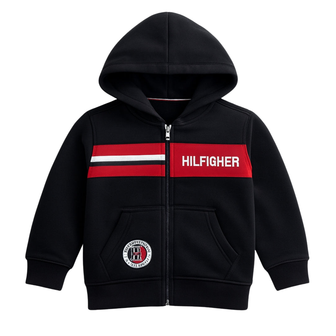 LittleLux Hilfigher Unisex Black & Red Winter Hoodie – Soft Fleece, Zip-Up, Warm & Stylish