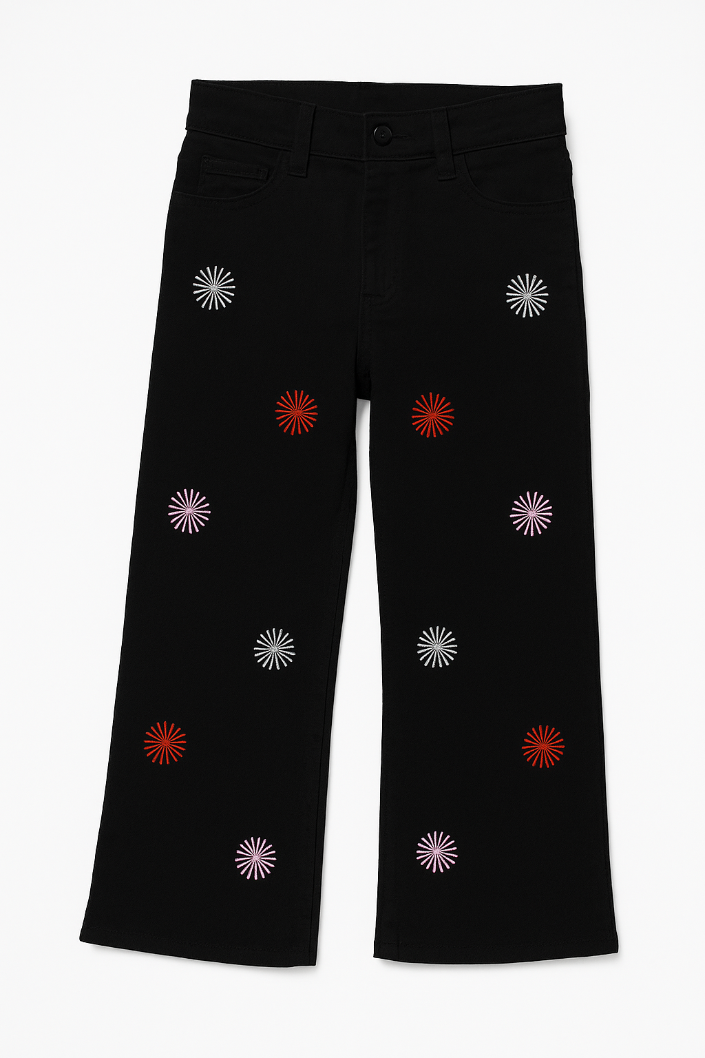 LittleLux Girls Black Embroidered Wide-Leg Jeans – Soft Stretch Denim, Stylish & Comfortable